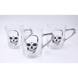 3 Skull Glass Coffee Mug Cup Metal Handle 4” Goth Man Cave Bar